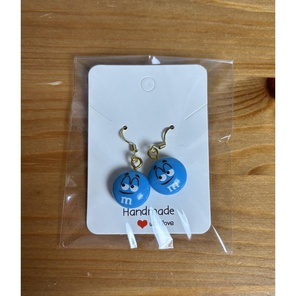 Novelty Dangle Blue M&M Candy Logo Earrings